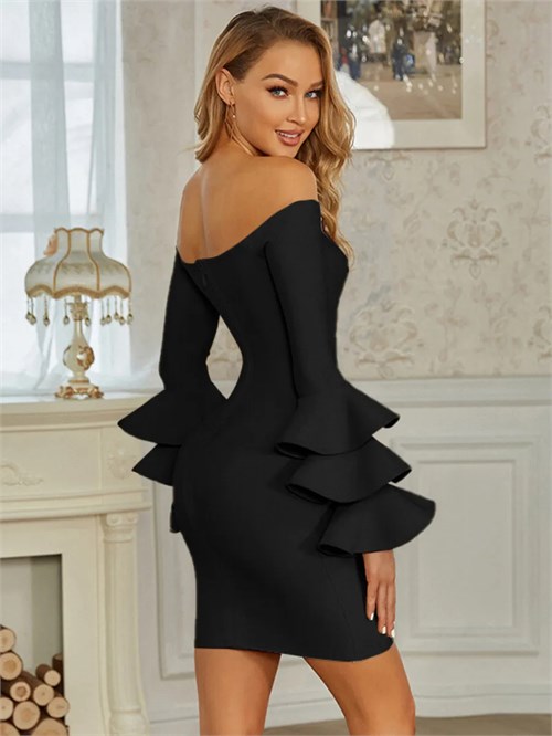 Платье футляр бандажное вечернее SeDress-volan-ruk-black